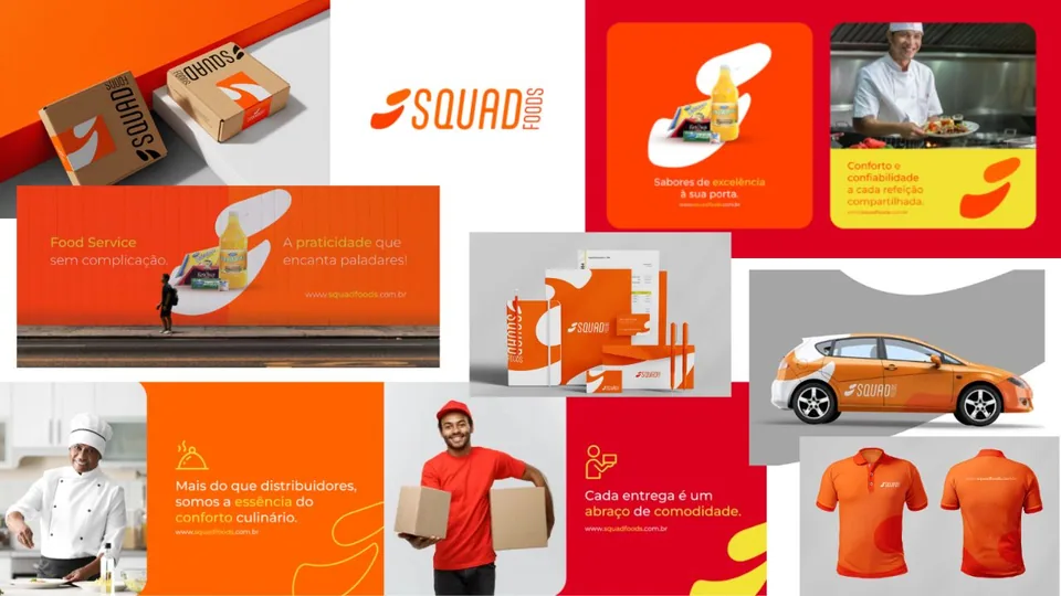 Aplicações da identidade visual da Squad Foods em embalagens, uniforme, veículo e comunicação